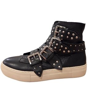 JSlides High Top Leather  Studded Sneaker Black Bootie Buckles Women's 7